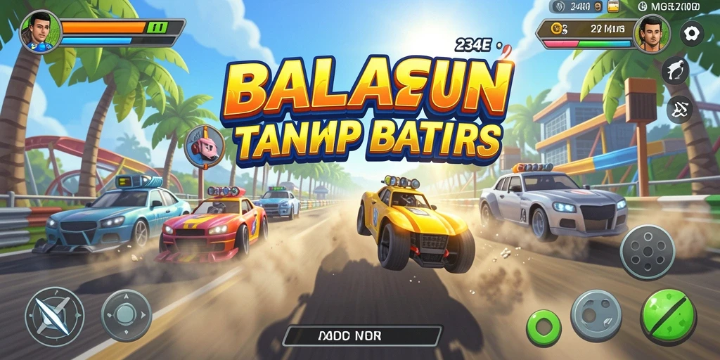 Screenshot gameplay 234E menunjukkan balapan mendebarkan dengan mobil kencang.