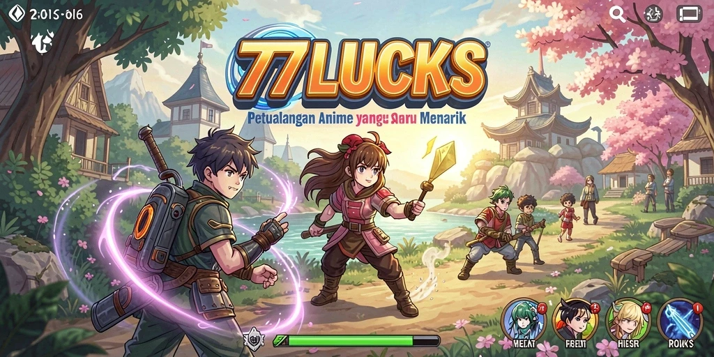 Tangkapan layar gameplay dari 77LUCKS dengan aksi karakter Anime.