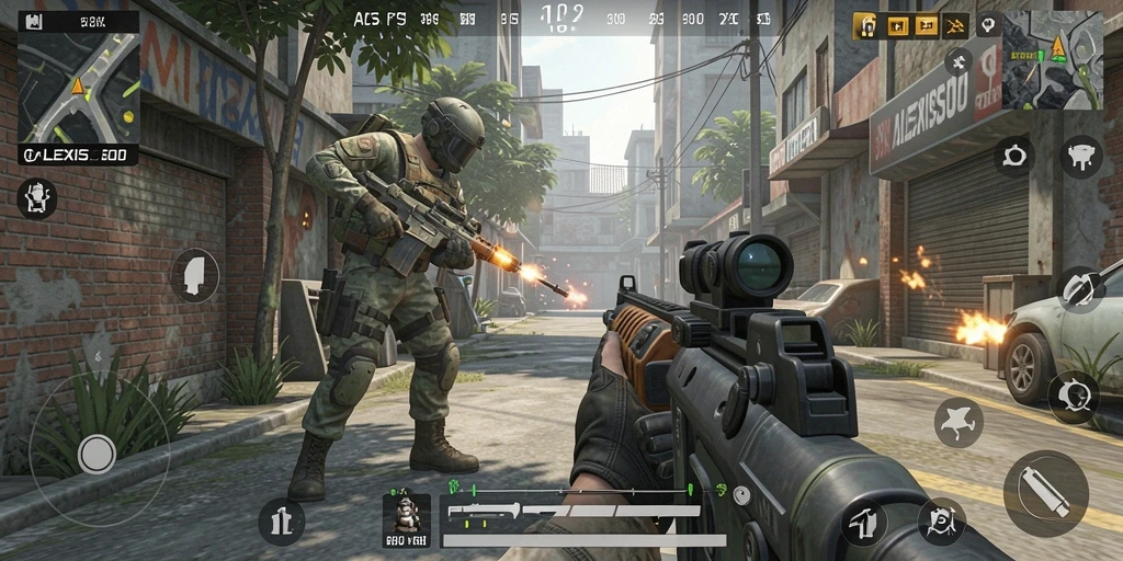 Screenshot gameplay ALEXIS500 menampilkan pertempuran mendebarkan di arena yang seru.