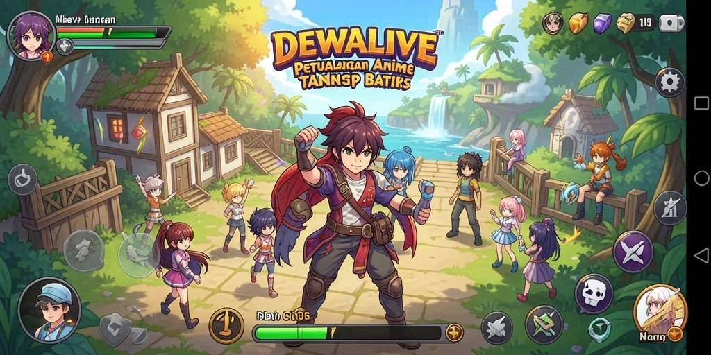 Tangkapan layar dari gameplay DEWALIVE yang menampilkan pertarungan karakter anime.