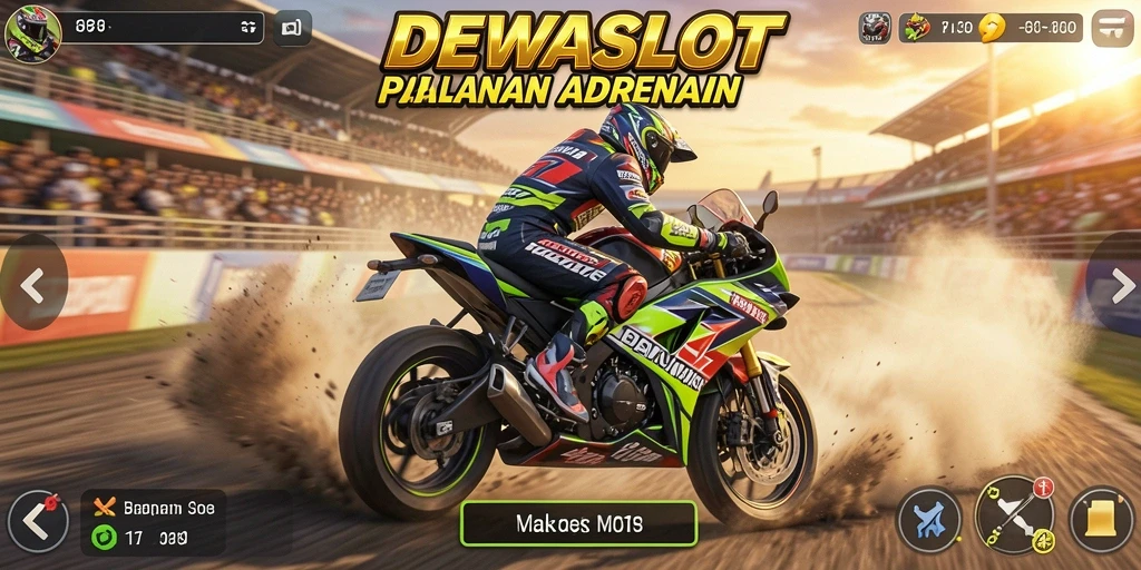 Tampilan gameplay DEWASLOT dengan aksi balapan motor yang seru.