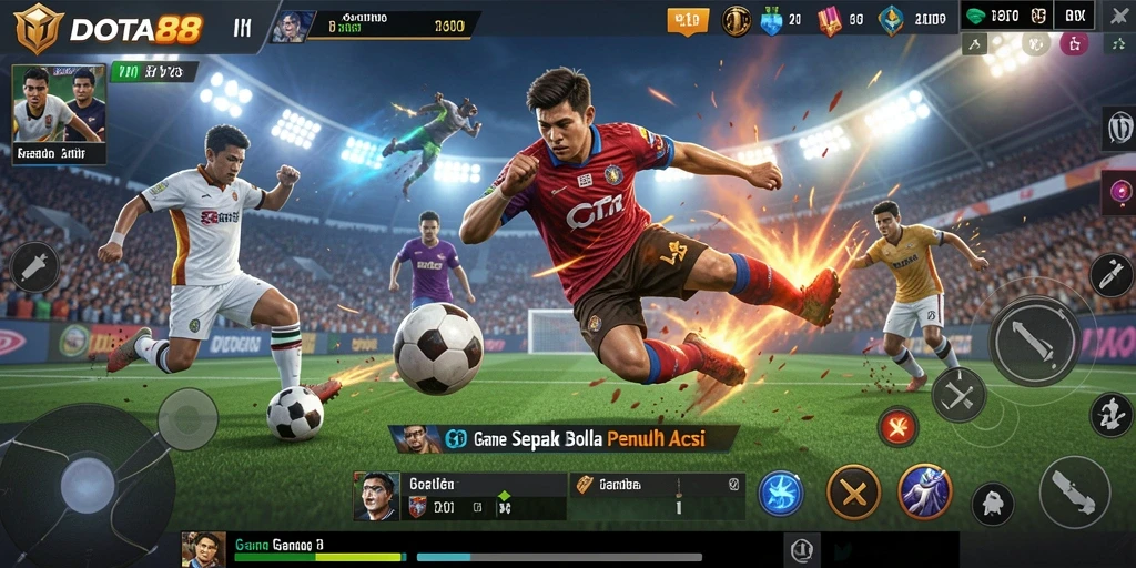 Tangkapan layar gameplay DOTA88 menampilkan aksi seru di lapangan sepak bola.
