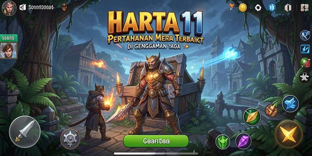Tangkapan layar HARTA11 menampilkan aksi pertahanan menara yang intens.