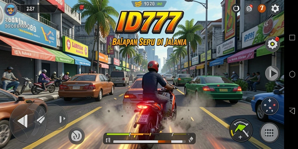 Screenshot utama ID777 menampilkan aksi balapan yang mendebarkan di trek jalanan.