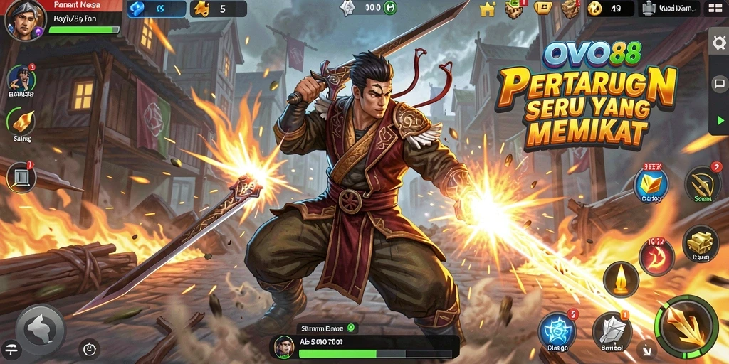 Screenshot gameplay OVO88 menampilkan karakter bertarung dengan efek visual yang menarik.